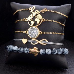 5 Pieces Set Love Letter World Map Turtle Natural Bead Bracelet